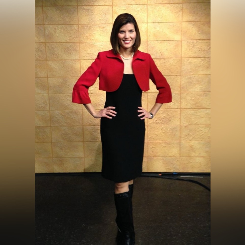 Black sheath dress with red bolero jacket  SIZE 10